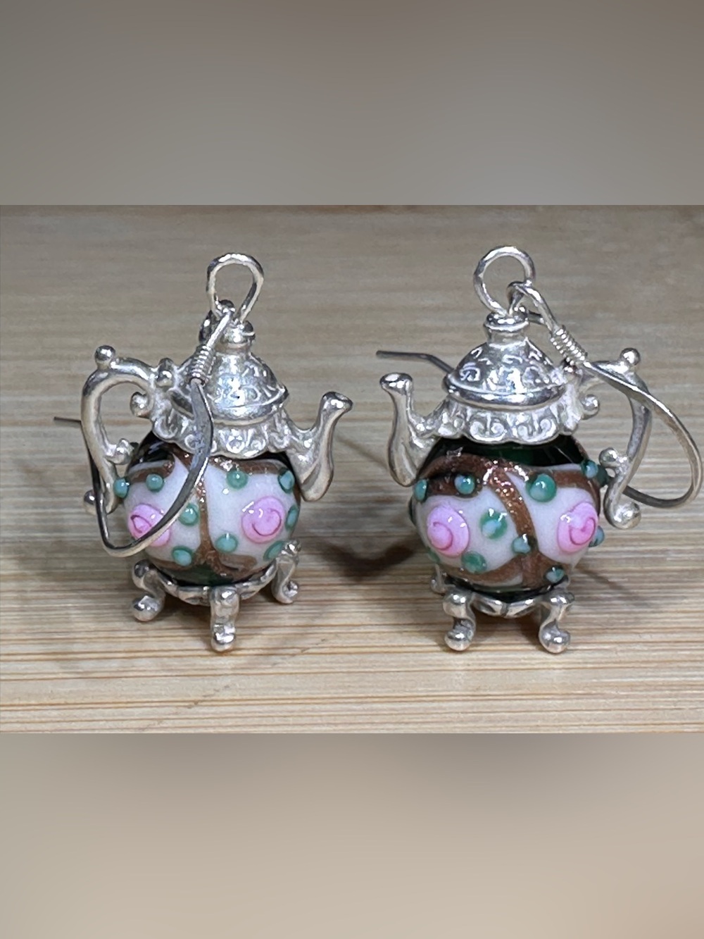 Teapot Earrings with Pink Floral Beads and silver tone findings